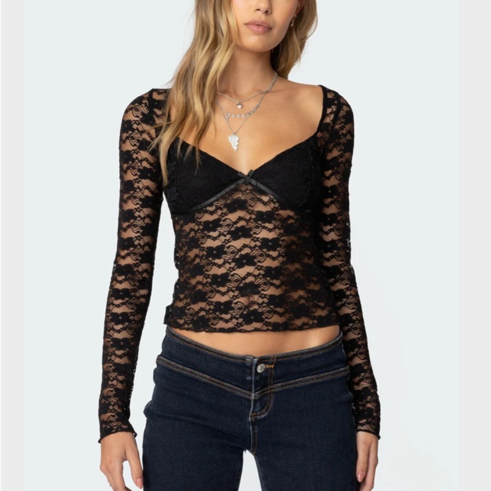 Edikted Black Lace Long Sleeve Blouse